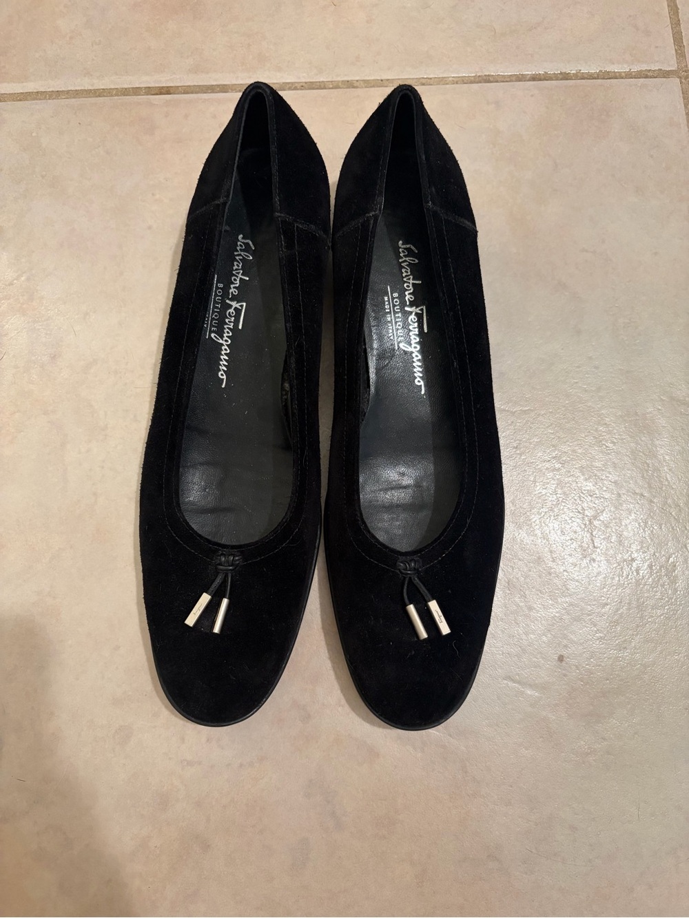 Salvatore Ferragamo Black Suede Ballet Flats with Tassel Tips